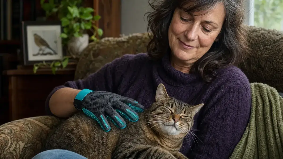 Double-sided Pat Your Pet deshedding brush held in a hand next to a pile of loose cat fur