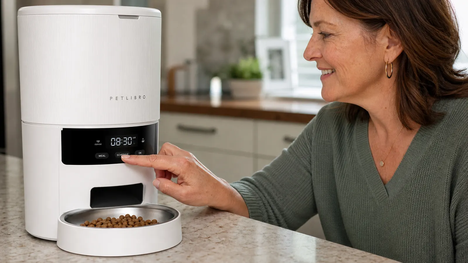 Close-up of a PETLIBRO automatic feeder with the twist-lock lid open showing dry kibble inside