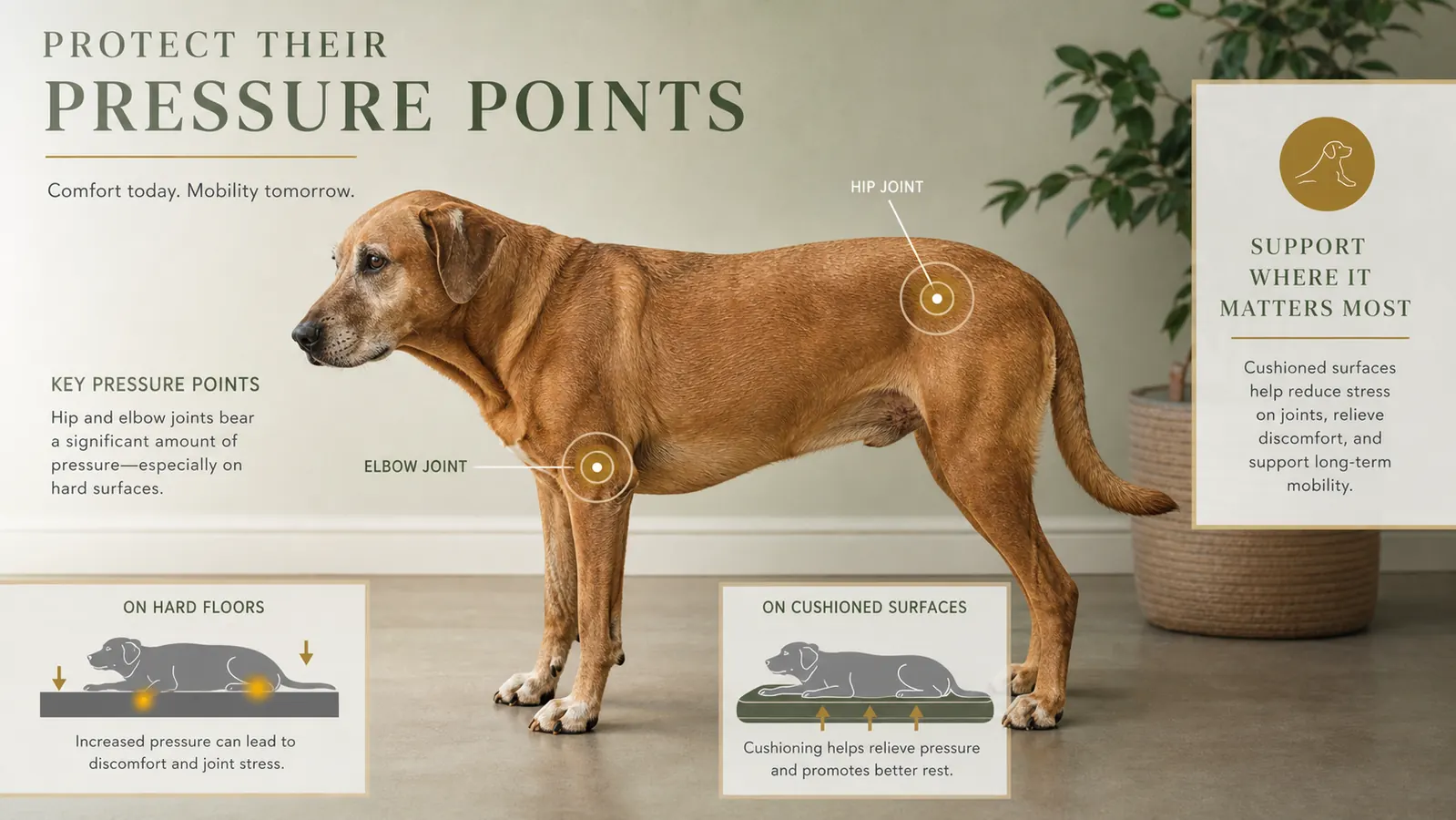 Older dog rising easily from an orthopedic bed with relaxed posture, no visible stiffness
