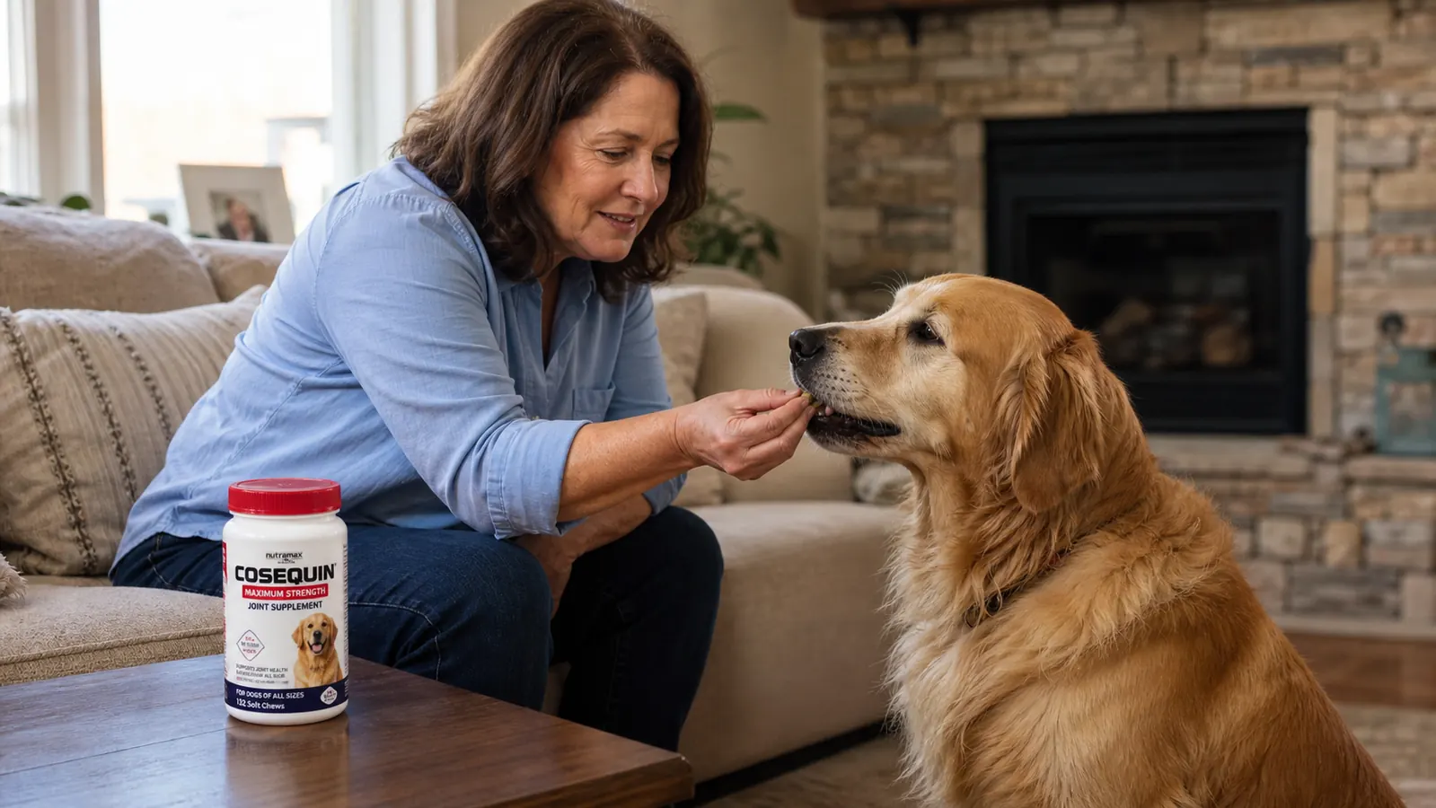 Dog owner gently supporting a senior dog as it slowly rises from a dog bed