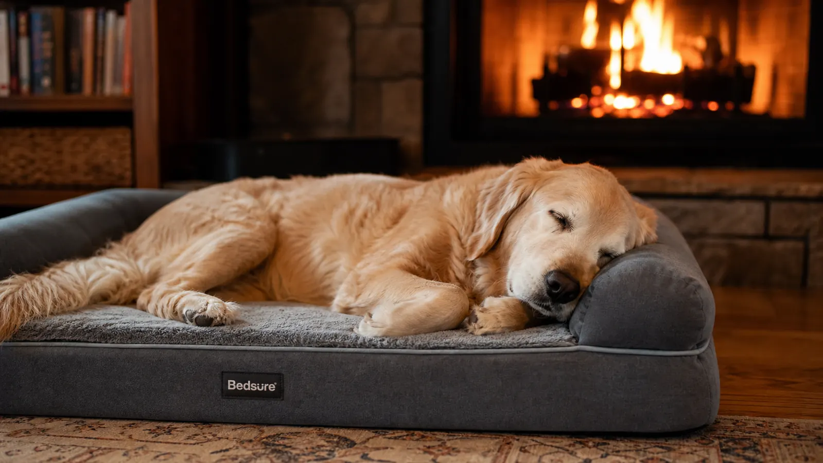 Close-up of a woman placing an orthopedic dog bed foam insert onto a living room floor