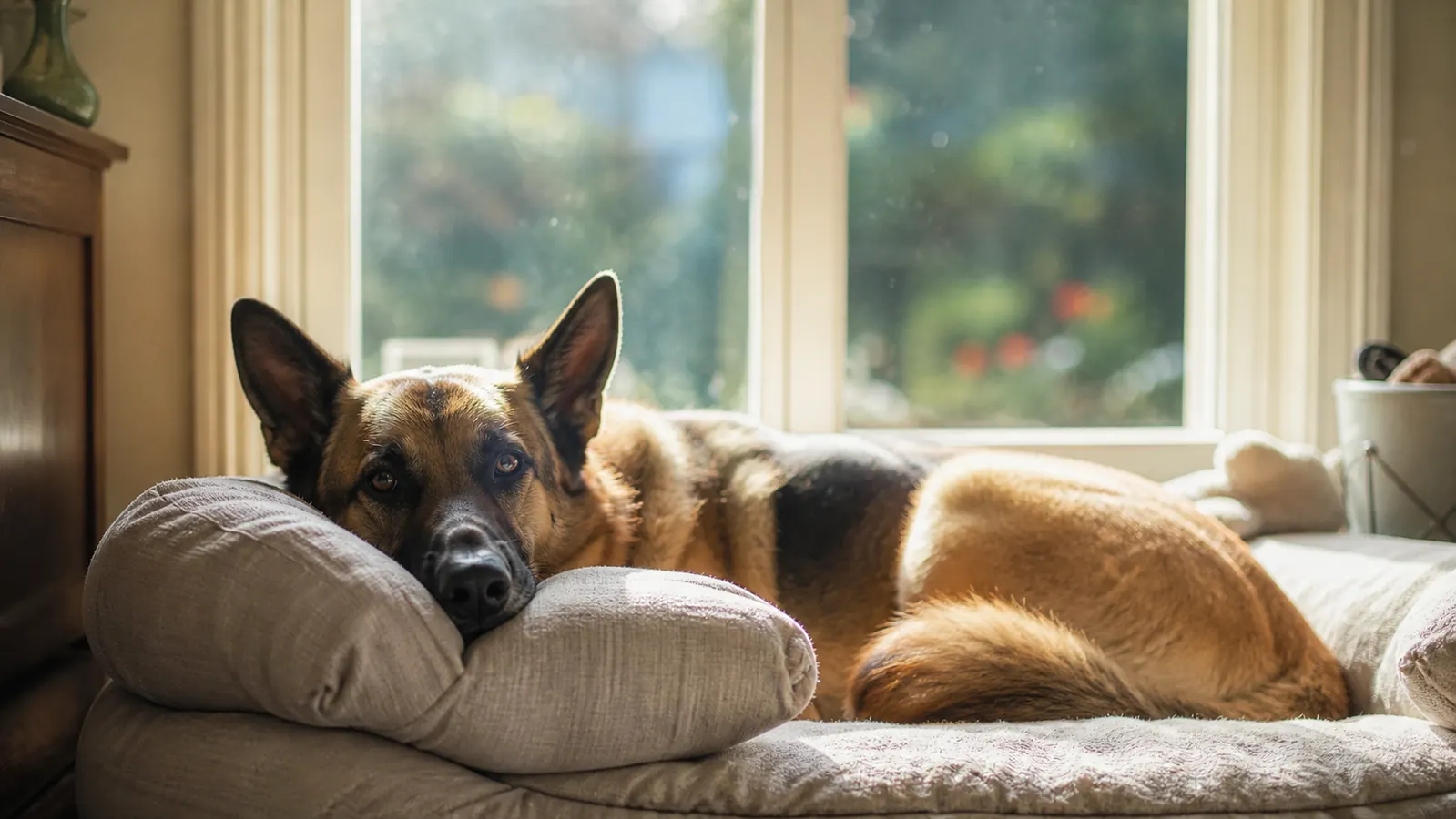 Older arthritic dog rising easily from a foam orthopedic bed without struggling