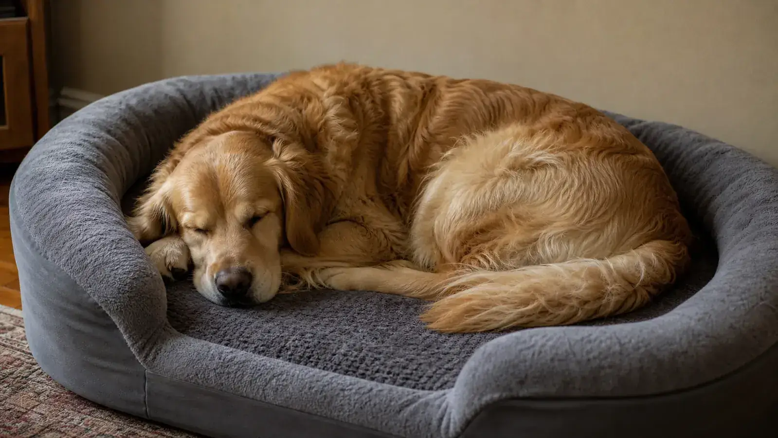 Hand pressing down into the foam mattress of a Bedsure orthopedic dog bed to show thickness and resistance