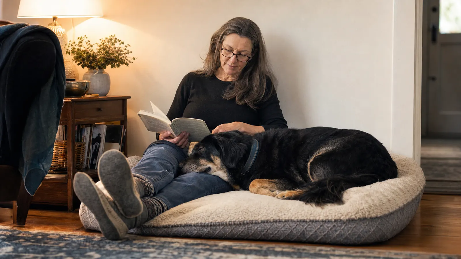 Woman and Greyhound sitting together on a back porch, dog leaning against her leg