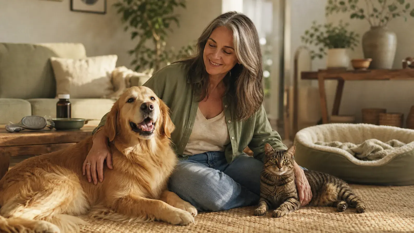 A dog owner sitting on the floor with a happy senior dog, warm afternoon light, lived-in living room