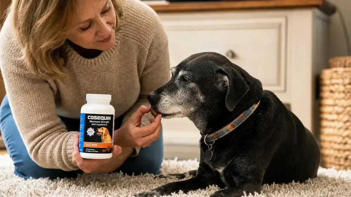 Person sprinkling Cosequin chew supplement on top of dog food in a stainless steel bowl