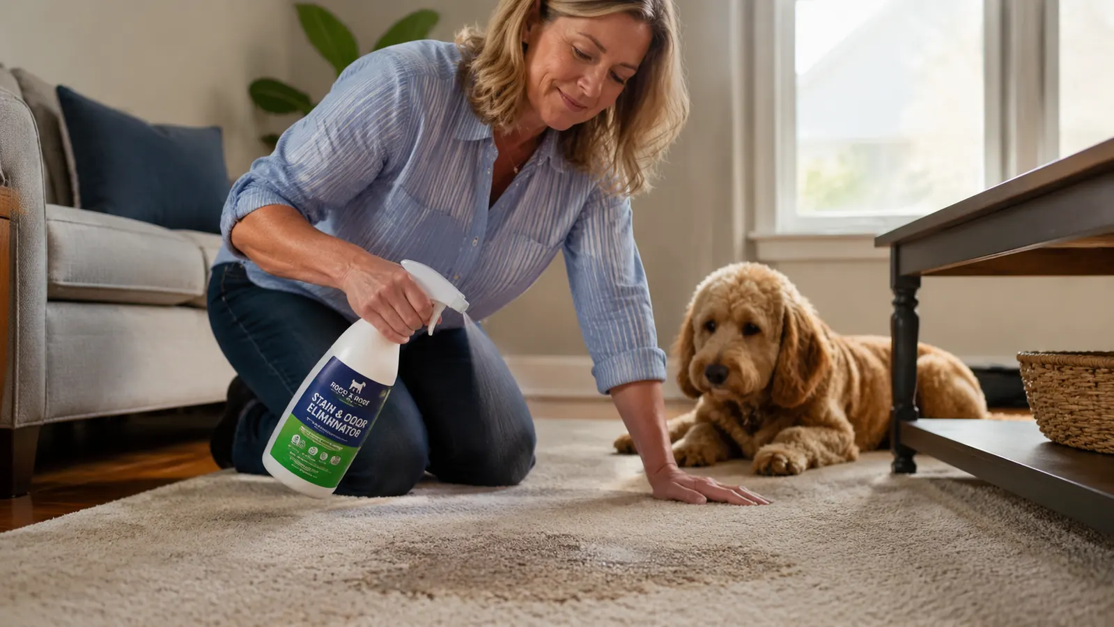 Rocco and Roxie enzyme cleaner being sprayed generously onto a carpet stain