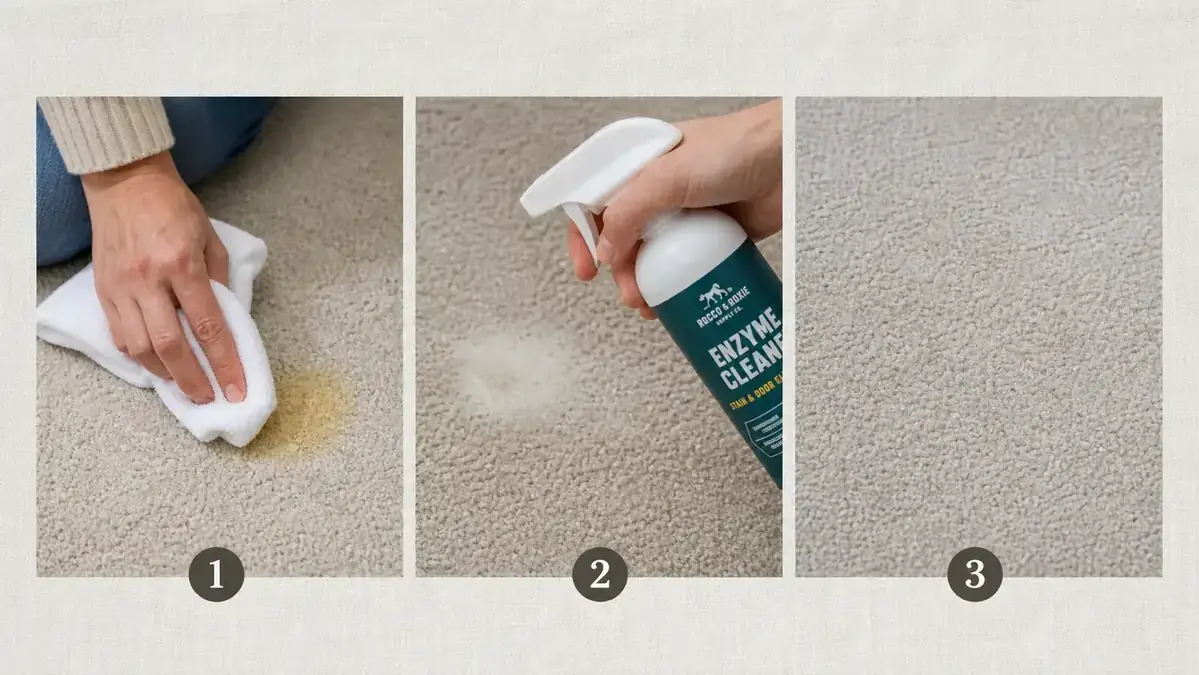 UV blacklight flashlight revealing multiple old pet urine stains glowing on dark carpet