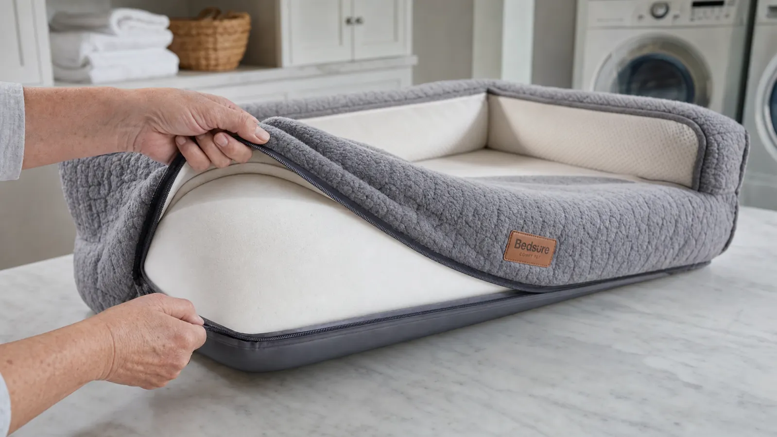 Orthopedic dog bed cover in a washing machine, ready to be cleaned