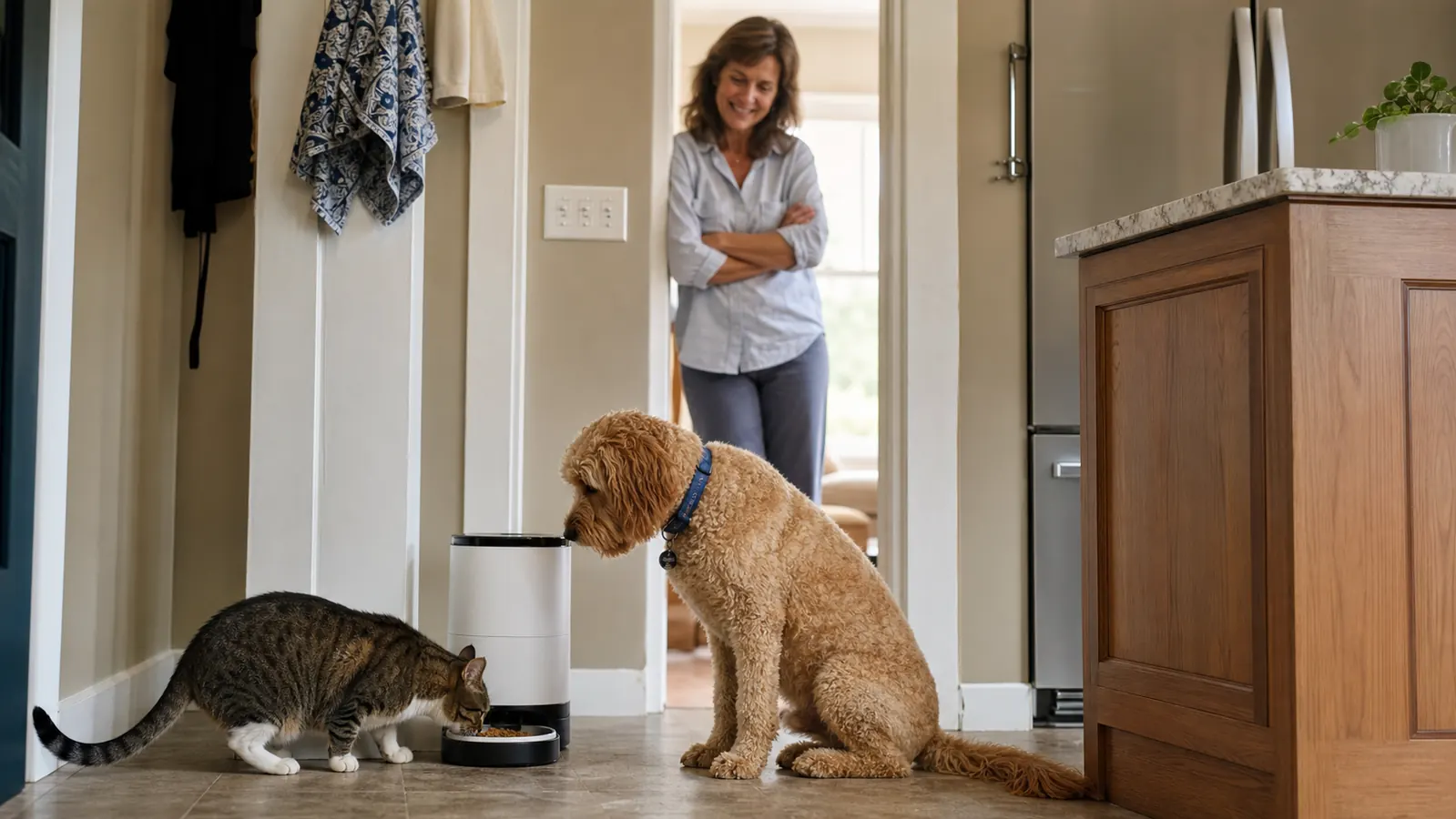 A dog and a cat both eating from separate bowls in front of an automatic feeder after a scheduled dispensing