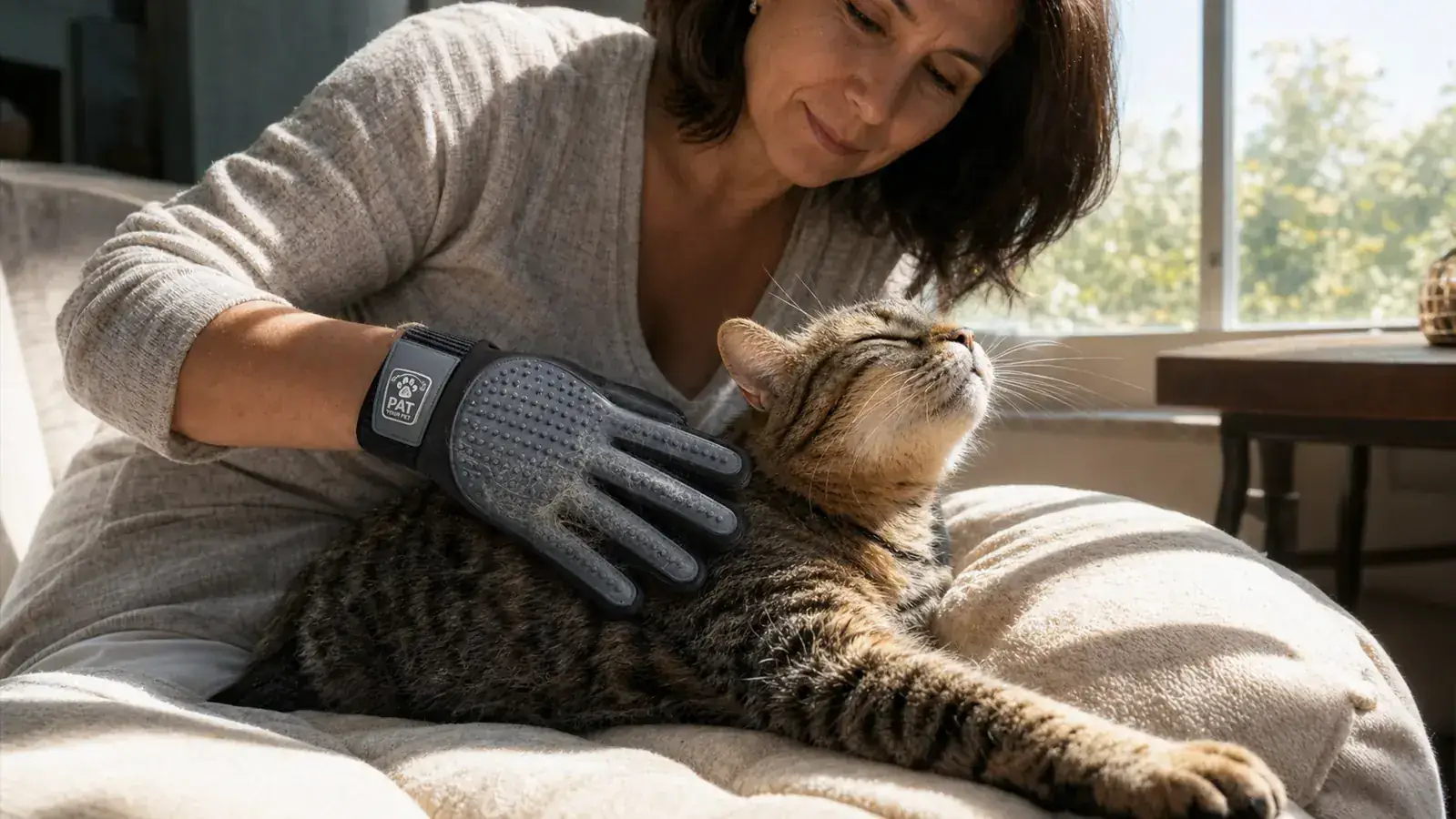 Tabby cat sitting relaxed on a couch while a hand brushes its back with a soft-bristle side of a grooming brush