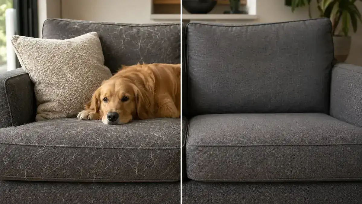 Before and after: couch covered in pet hair versus clean couch after regular brushing