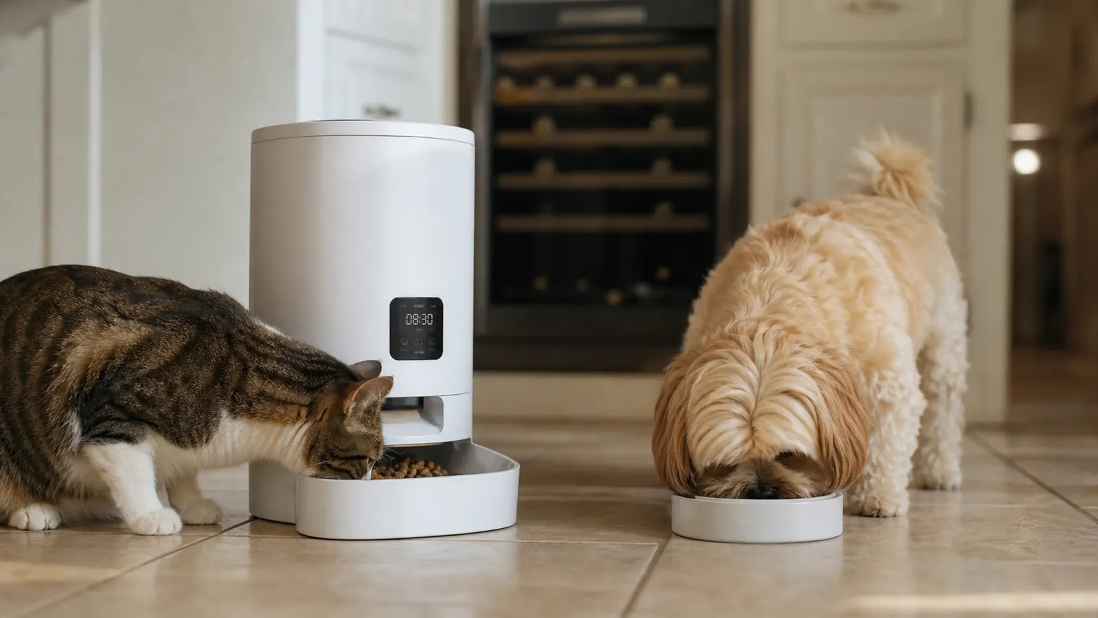 PETLIBRO automatic feeder dispensing kibble into a stainless bowl on the floor