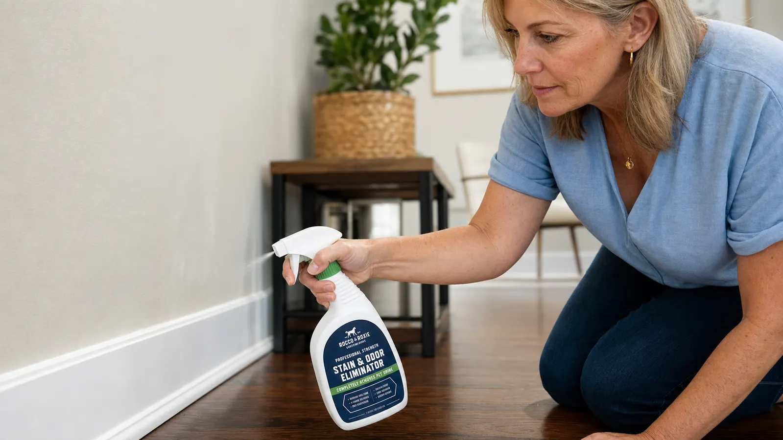 Spray bottle of enzyme pet stain cleaner being applied to a carpet stain