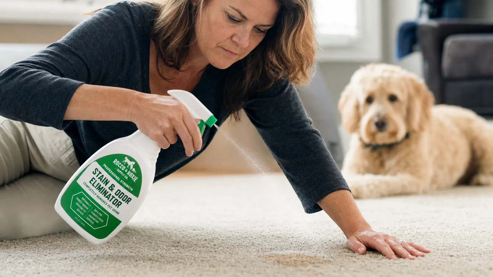 Rocco and Roxie enzyme cleaner bottle being applied directly to carpet stain
