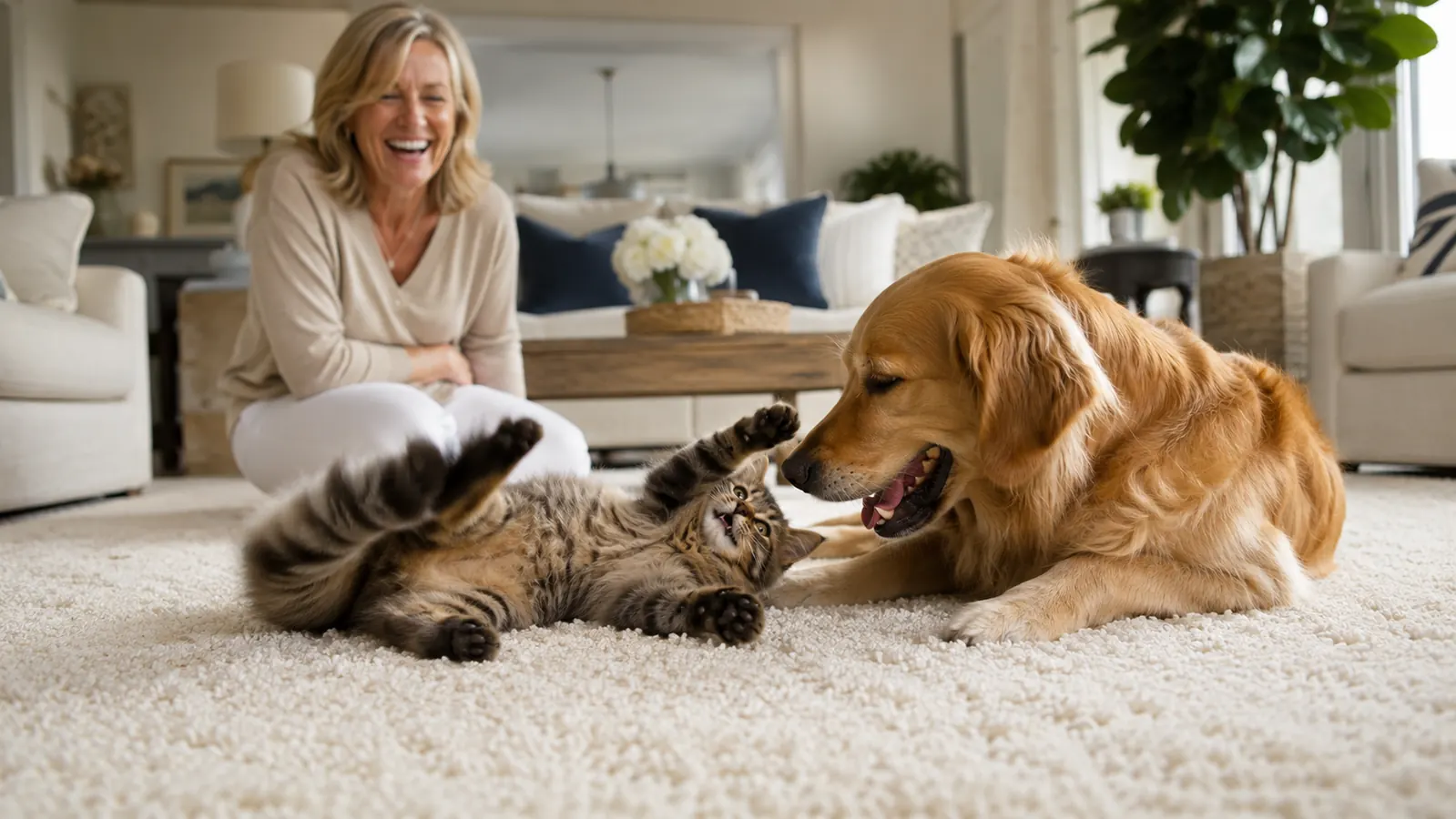 A clean, odor-free living room with a dog resting comfortably on the carpet near a couch